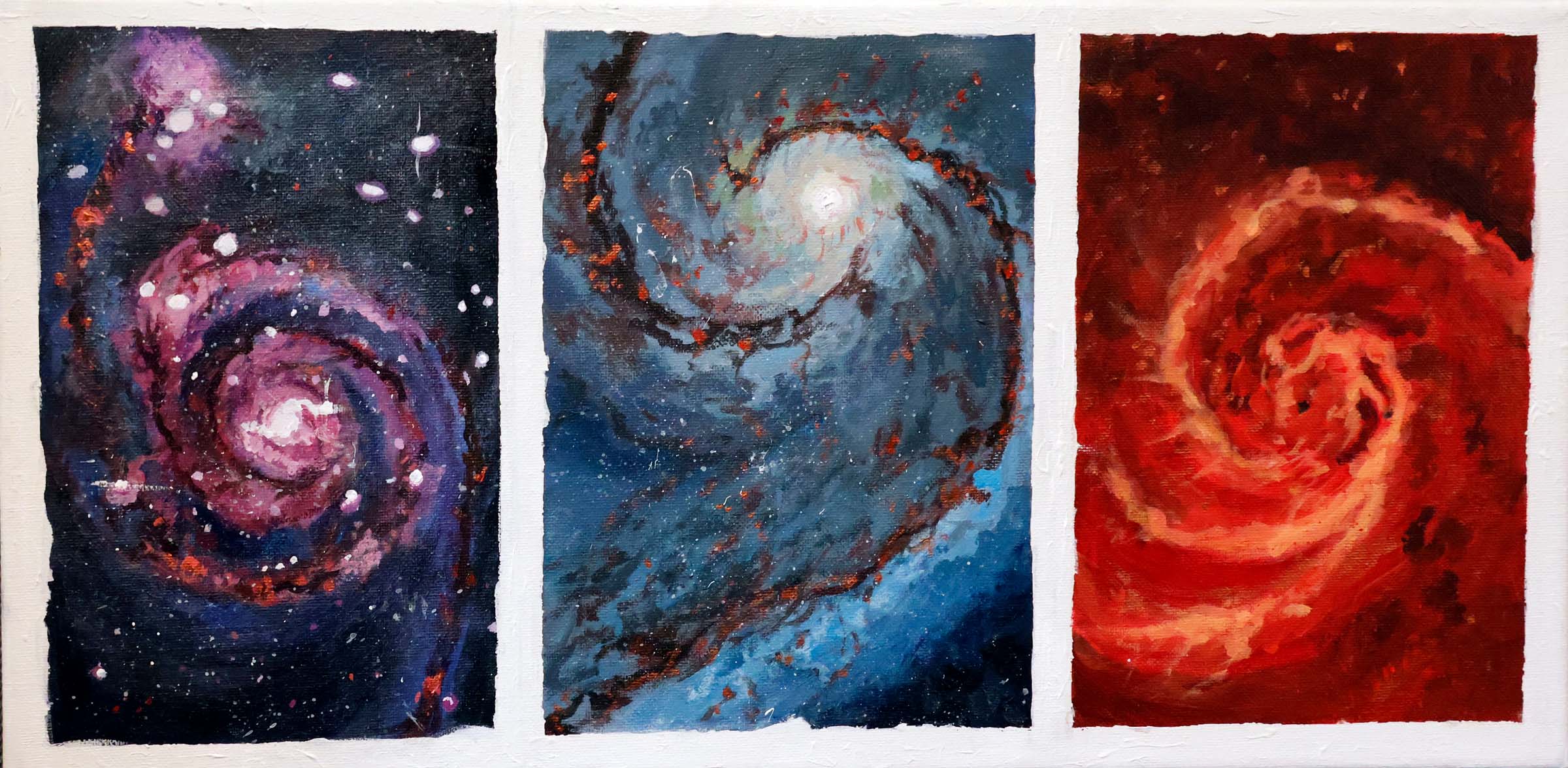 The canvas is subdivided into three images. They are all of the same galaxy but with different colors and features. The left image uses pinks and purples, and many distinct, fully resolved sources are visible. The central version has dark, black, and red arms of the spiral galaxy that emanate a cyan glow. The right image is dominated by reds and oranges, and the spiral itself is suffused with a hazy glow.