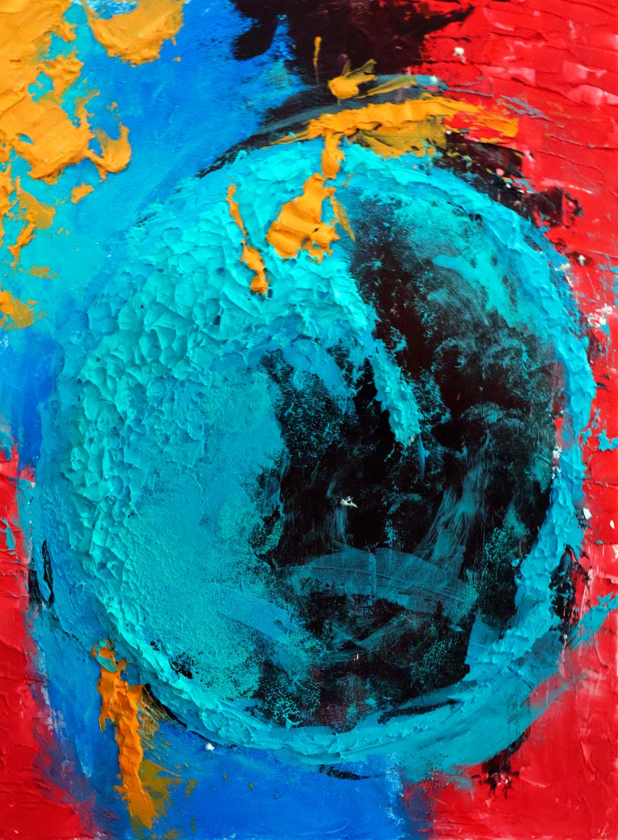 a blue and pink and orange textured acrylic painting of a bubble