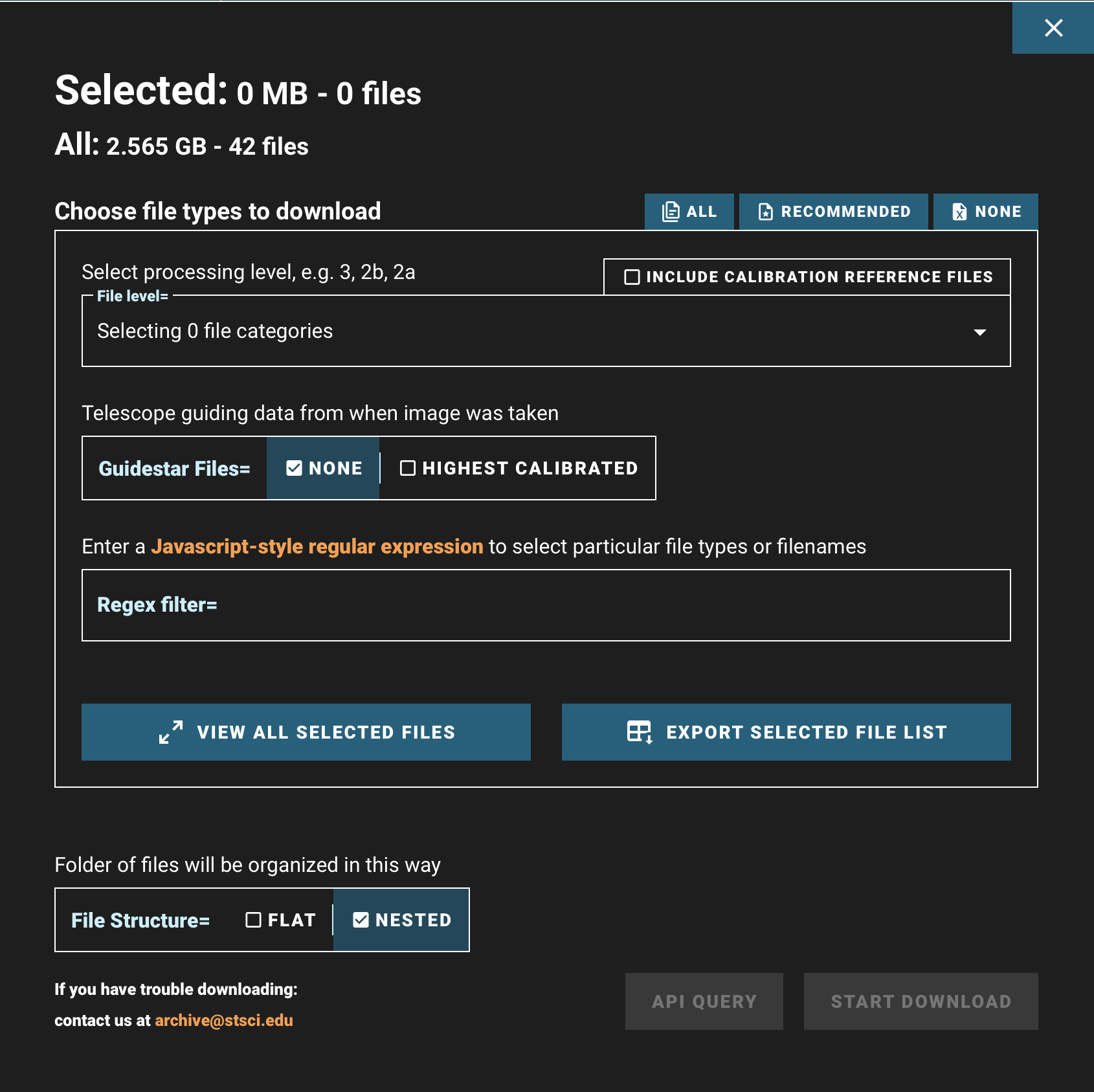 The JWST download overlay, with 32/64 files selected