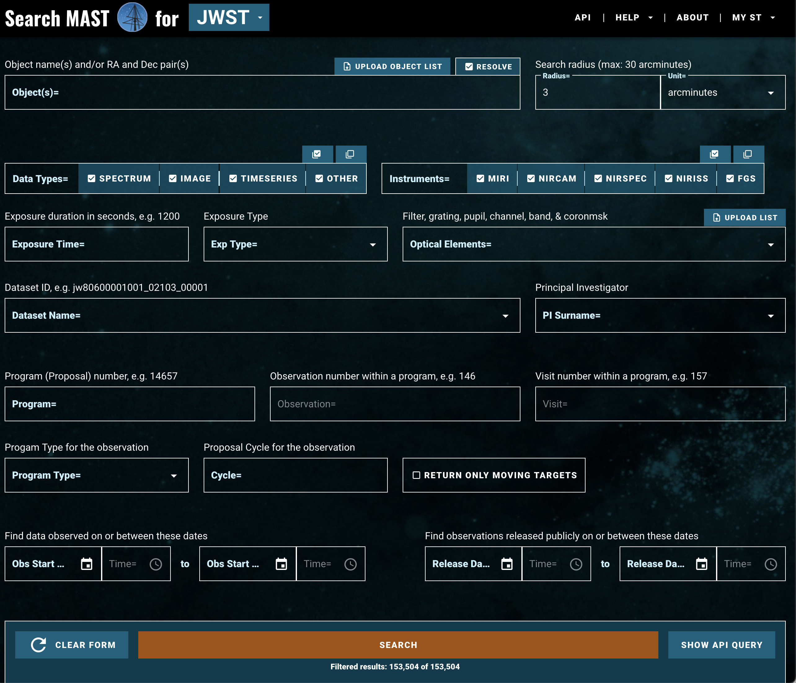 the landing page of the new JWST search form