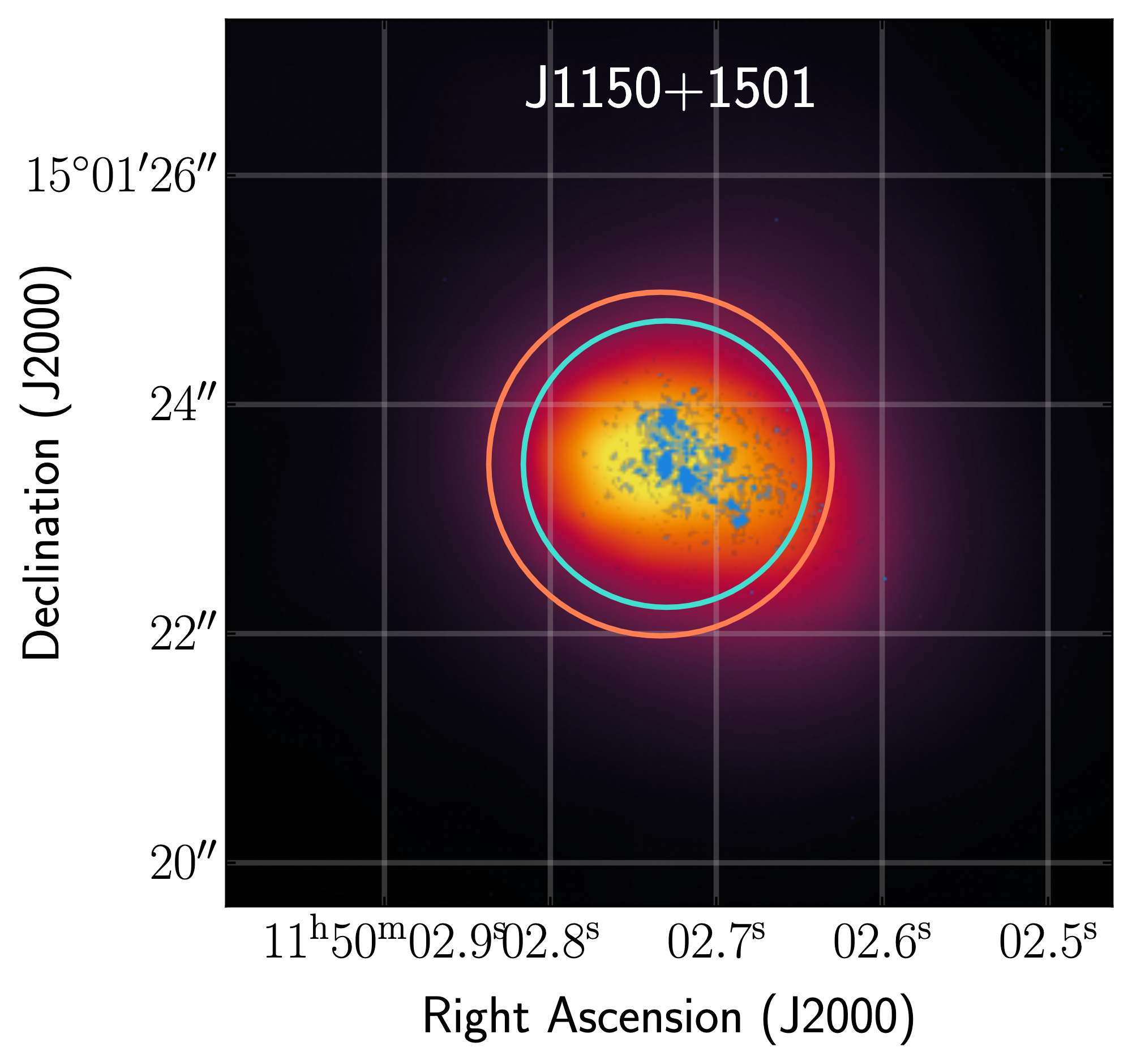 An image of the galaxy plotted by sky coordinates RA and dec. The galaxy is centered with yellow denoting its brighter parts and purple denoting its fainter parts.