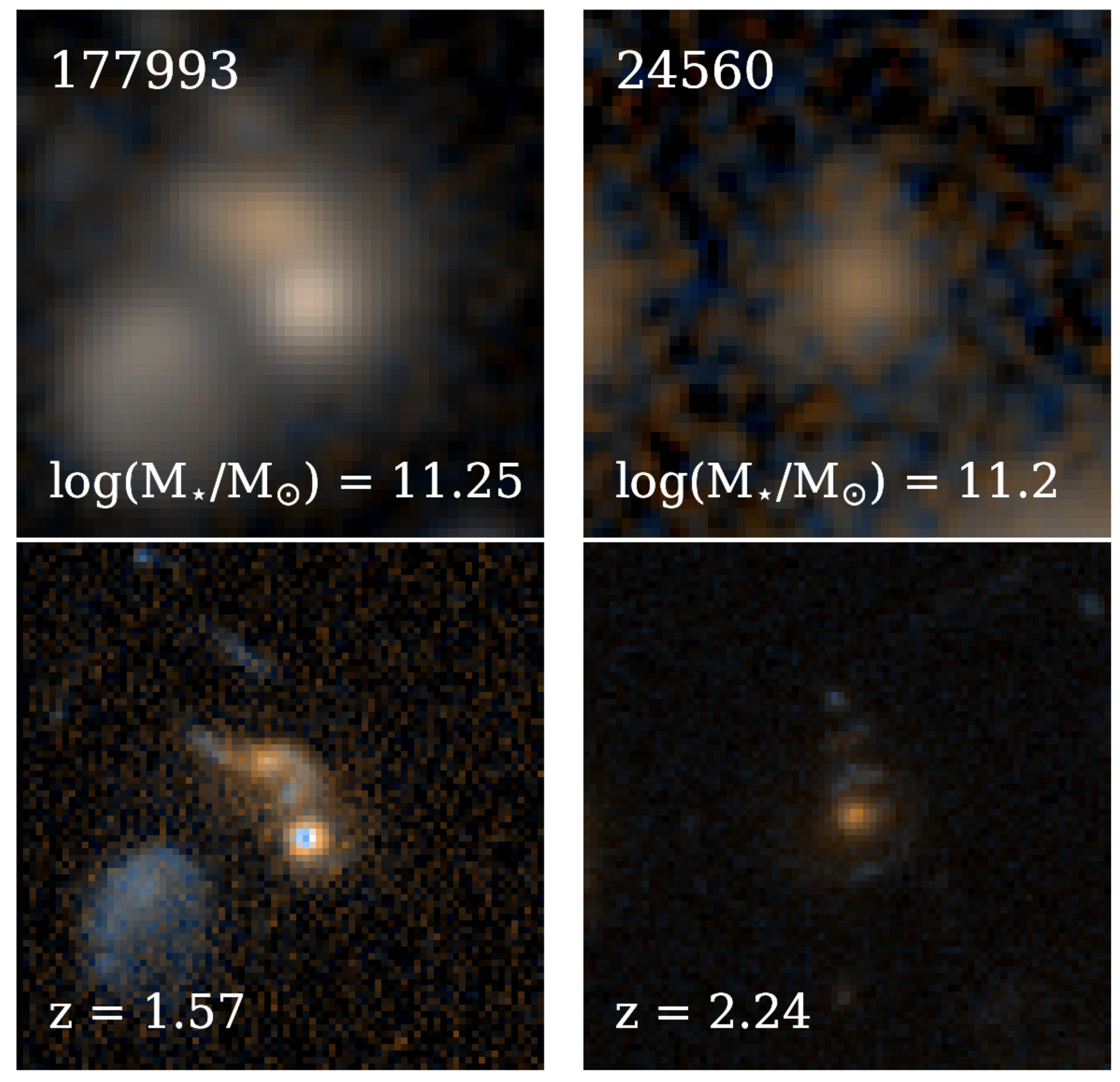 Low-resolution ground-based images and high-resolution COSMOS-DASH images of the same galaxies.