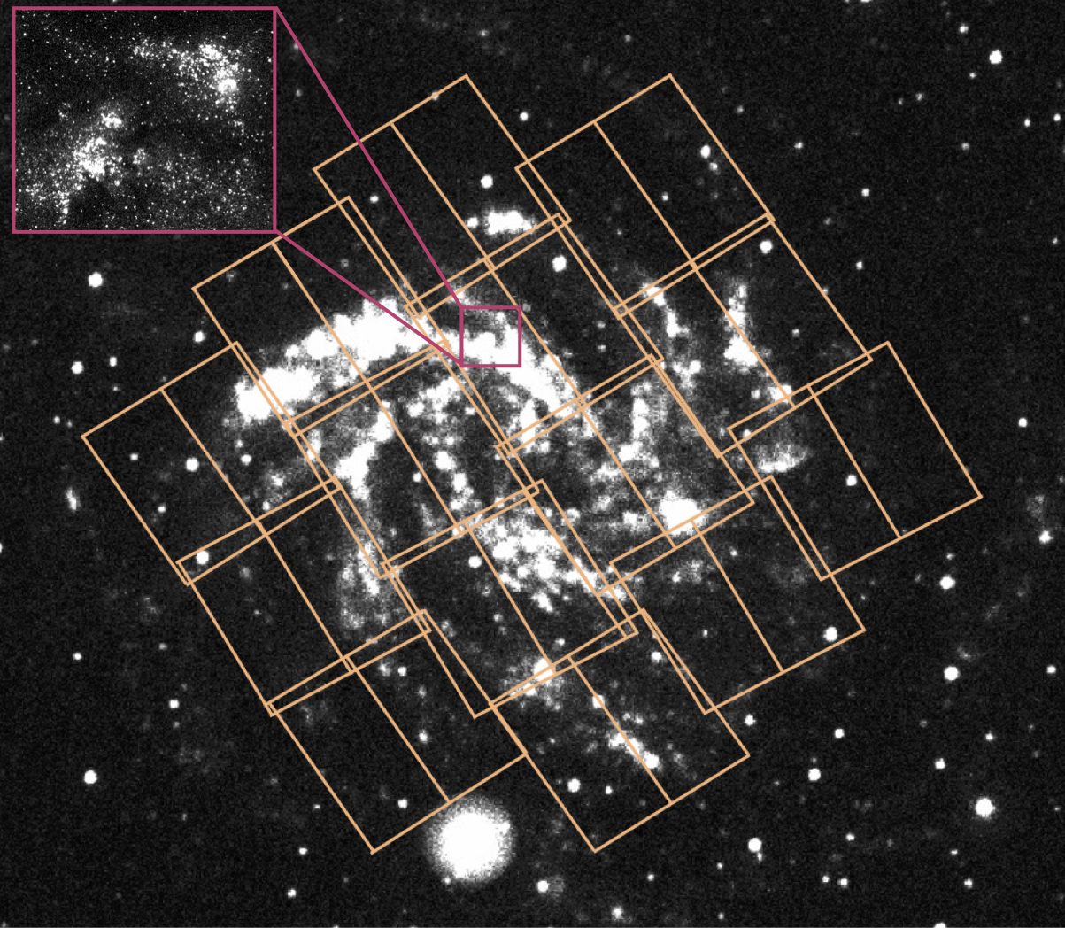 The 14 pointings of the Fireworks UltraViolet Survey overlaid on a GALEX NUV image from the GALEX Nearby Galaxies Survey.