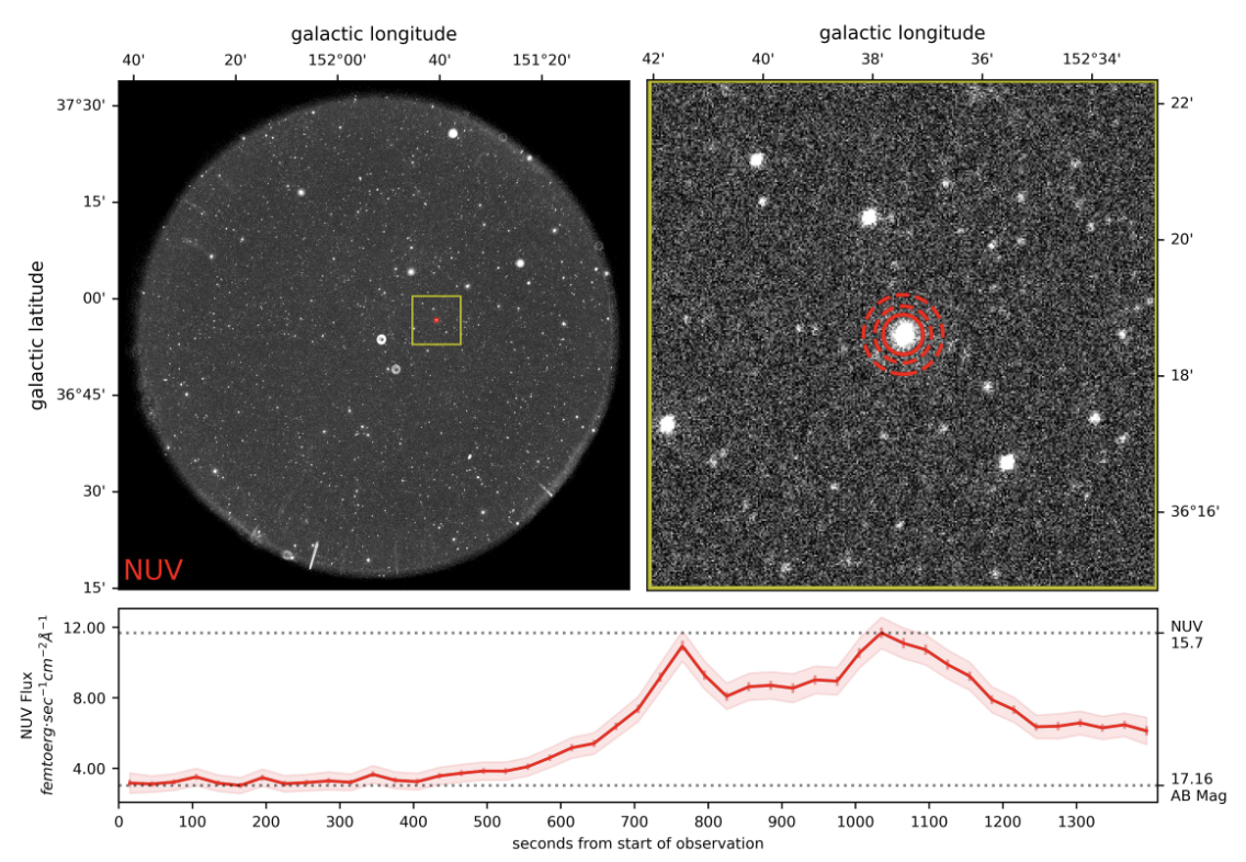 Example lightcurve of a flare (bottom panel), an image of the full GALEX image and a cutout centered on the object are upper-left and upper-right.
