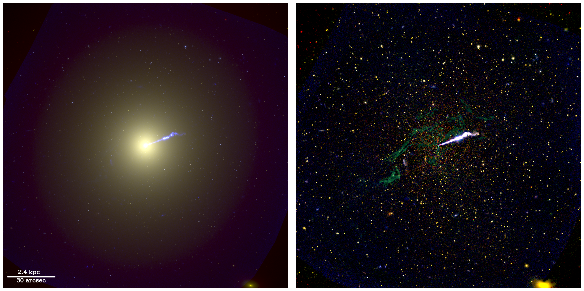 left: optical image of M87. a diffuse cloud of light surrounds the central point, which is emitting a blue filament towards the upper right of the image. the UV image hides this diffuse light and reveals the underlying structure of the galaxy