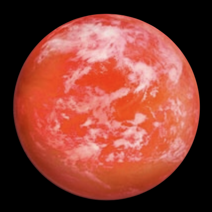 Artist's rendition of exoplanet LTT 1445A b. The planet appears dark to light red in color with white clouds in the atmosphere.