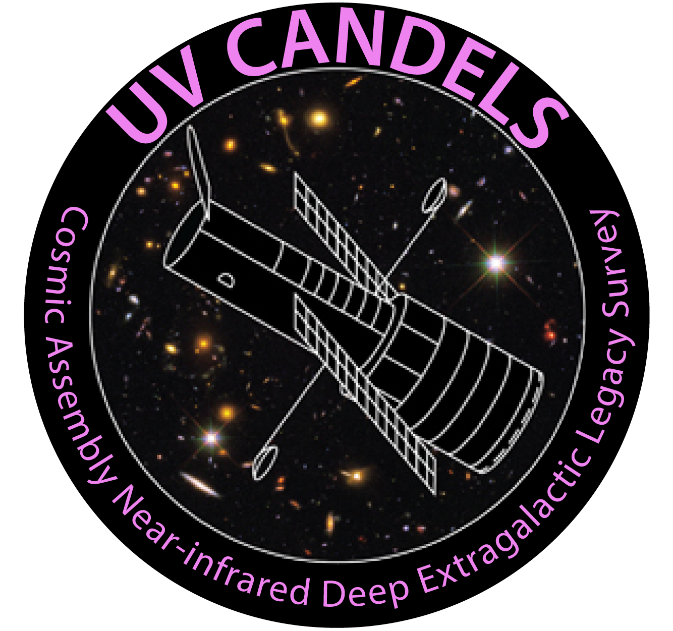 Circular logo for the UVCANDELS project: a field of galaxies on the sky with a white outline of the Hubble telescope on top.