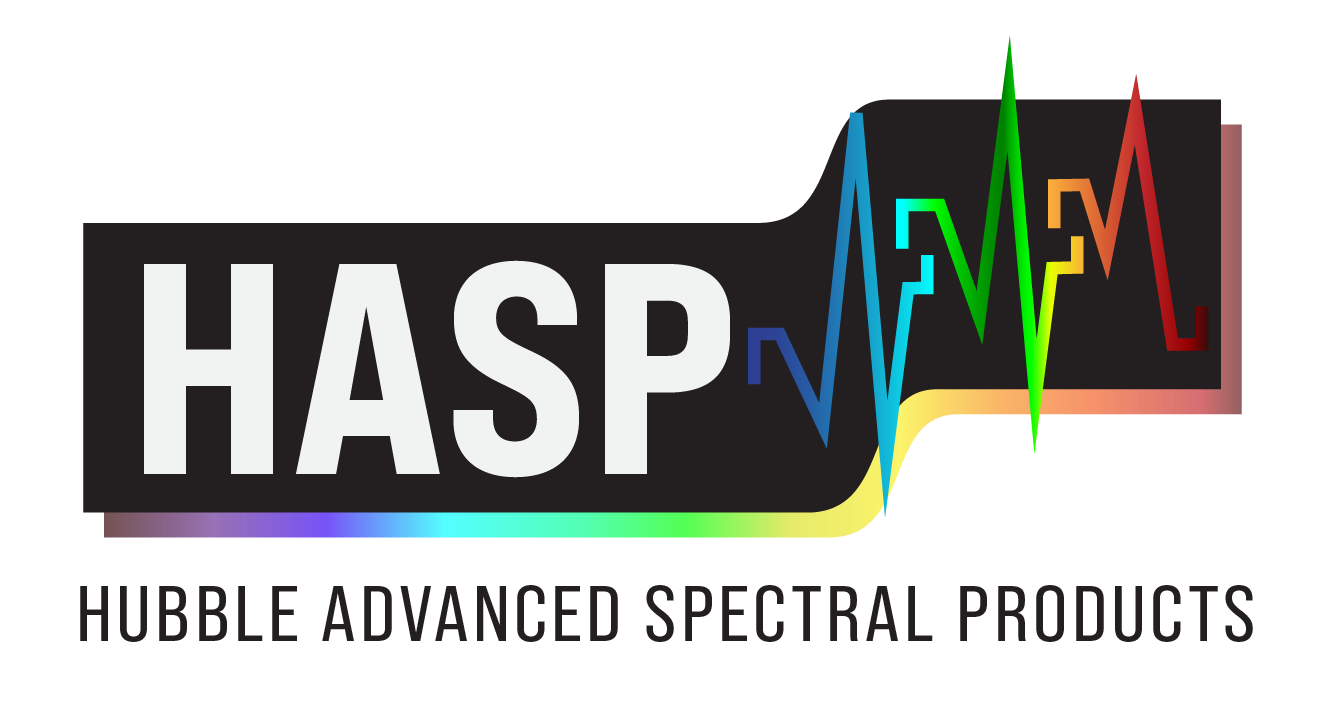 the HASP logo consists of two rectangles; the right one is smaller and raised higher. they are connected together by a smooth curve, and bounded on the bottom by the spectrum of visible light. The left rectangle says "HASP" while the right contains a blocky, stylized spectra. the bottom of the image says "Hubble Advanced Spectral Products"
