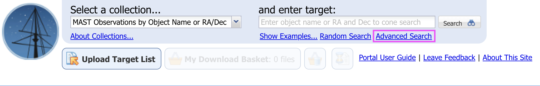 the top left of the MAST Portal interface, with the "advanced search option" highlighted by a bright pink box
