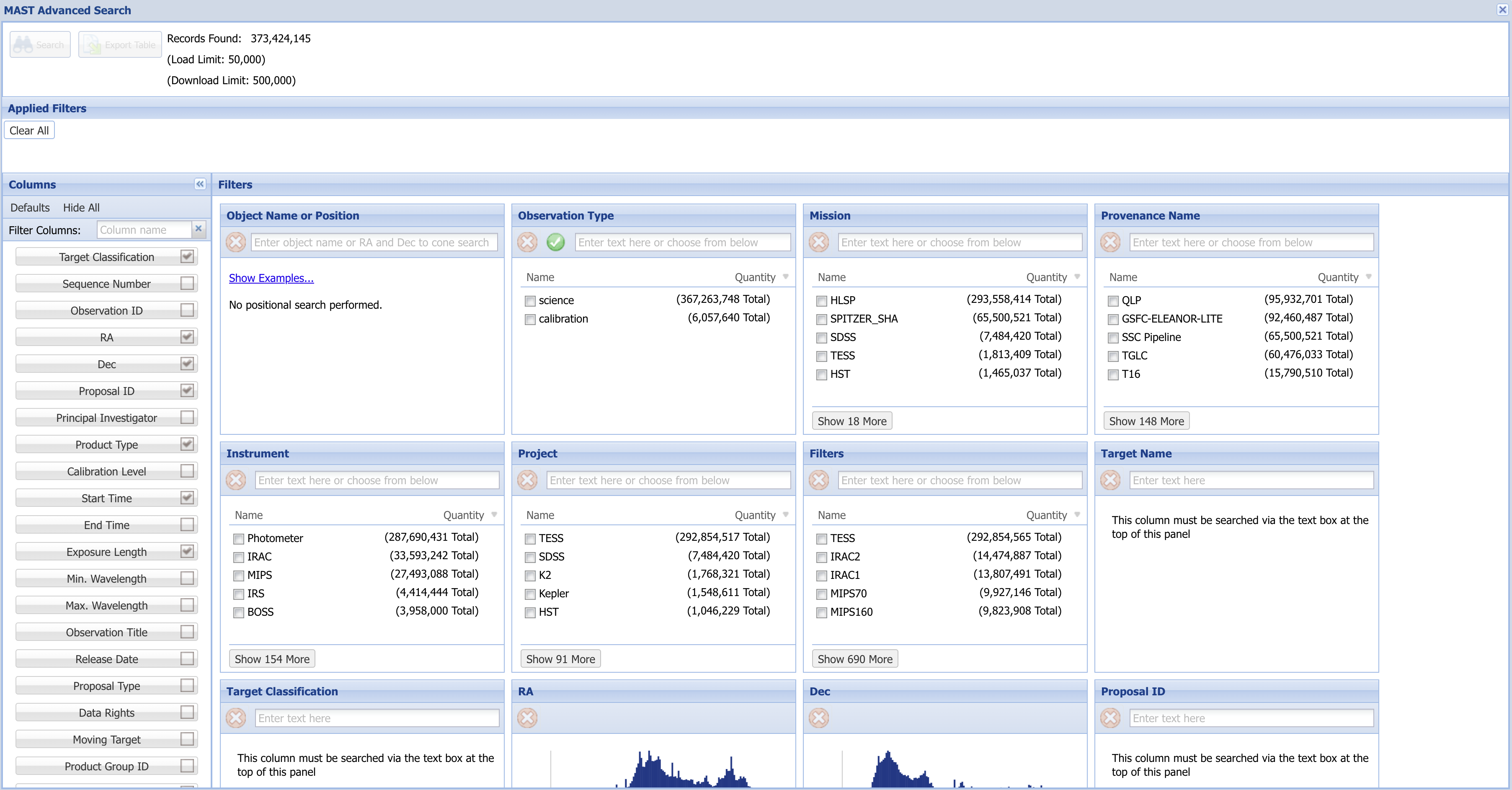 the advanced search window in the MAST Portal