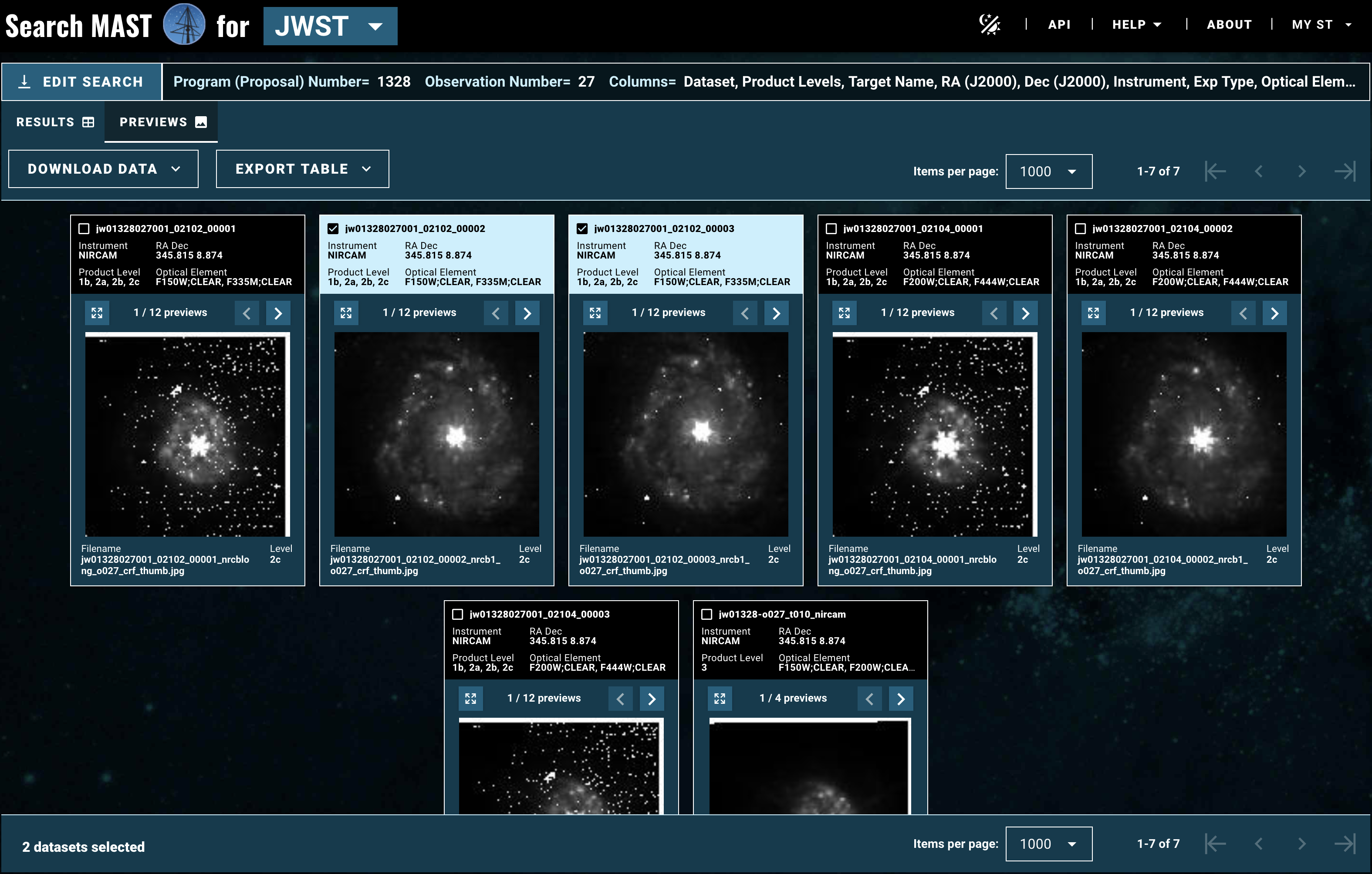 the JWST image preview feature; seven images are displayed in a grid