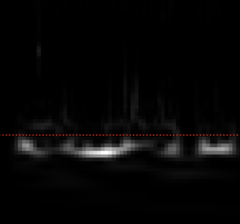 This image represents the wavelet power spectrum of a stellar light curve. It has a black field with a wispy, horizontal white band spanning the full width. There is also a red, horizontal, dotted line, which also spans the image width, just above the white band.