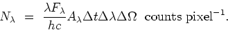 \begin{displaymath}
N_\lambda~=~{\lambda F_\lambda \over hc} A_\lambda \Delta t \Delta \lambda \Delta \Omega~~{\rm counts~pixel^{-1}}.\end{displaymath}