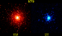  Messier 79 --- UV and optical images side-by-side 